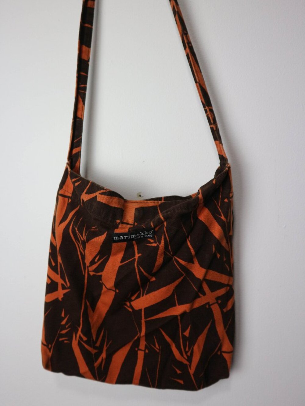 Marimekko Canvas Cross body Bag Brown Orange Bamboo Print
